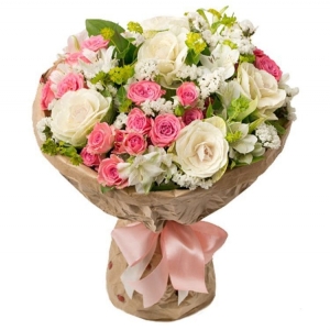  Kemer Çiçek - Beyaz Gül Ve Pembe Mini Gül Buketi 