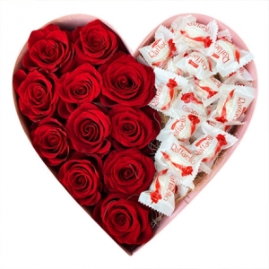 Kemer Çiçek - Kalp Kutuda Gül Ve Rafello Çikolata